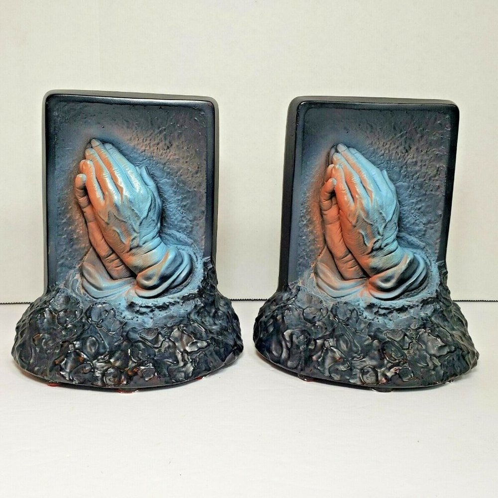 Praying Hands Bookends Chalkware By Victor 1964 Creative Arts Miami Florida VTG